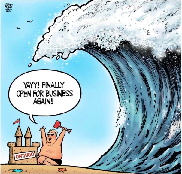 Editorial cartoon by Theo Moudakis/Toronto Star showing a man with his back to a wave cheering over a sandcastle Yay, Finally open for business again. The man looks remarkably like Doug Ford about to be drowned.