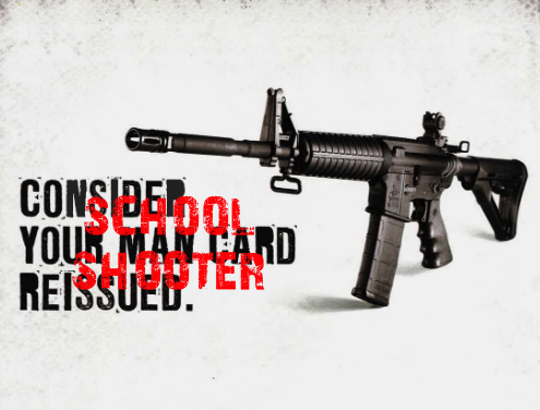 consider your 'school shooter' card reissued (overtop of man card) - altered Bushmaster ad