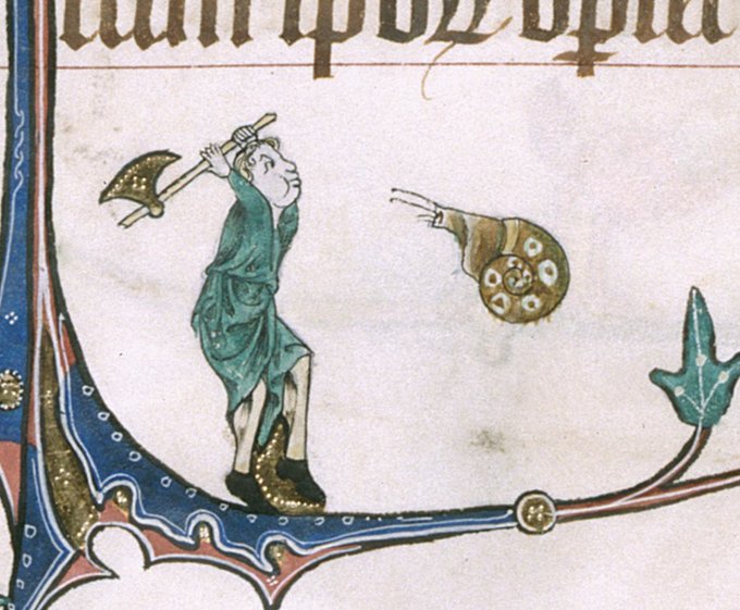 medieval marginalia of snail attacking man responding with a broad axe
