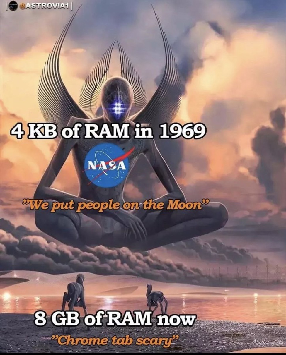 4 KB of RAM in 1969: we put people on the moon. 8GB Ram in 2023 OOOH CHROME TAB SCARY